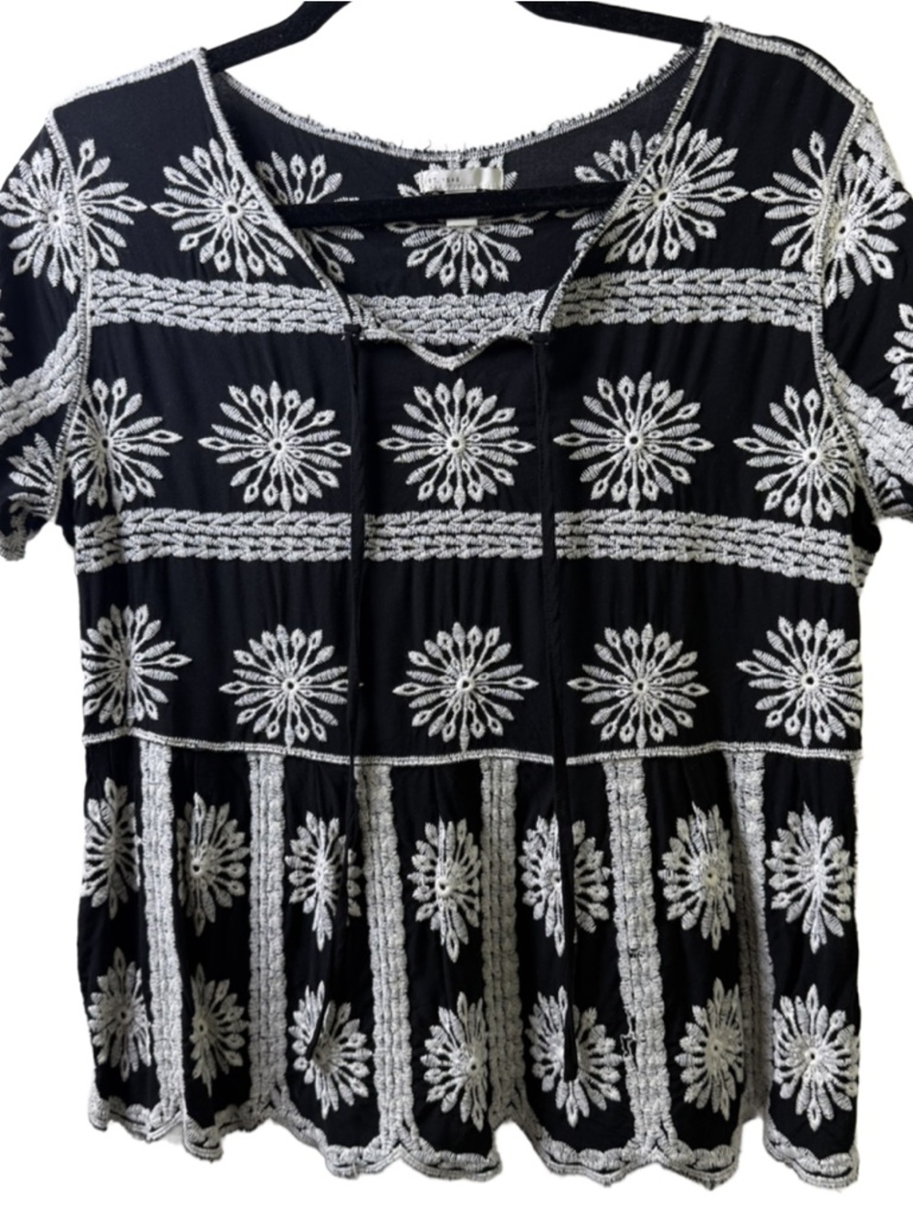 Black Embroidered Short-Sleeve Blouse